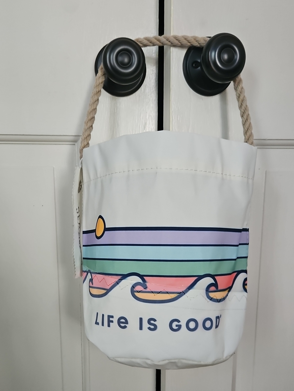 Life is Good Women's White Canvas Bucket Bag with Rope Handle